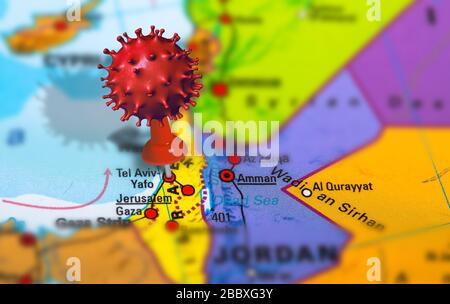 Covid-19 focolaio o nuovo Coronavirus, 2019-nCoV, virus pin a Tel Aviv sulla mappa di Israele. Virus Covid 19-NCP: Contagio e propagazione della malattia in Foto Stock