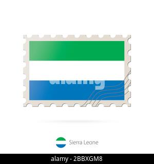 Francobollo con l'immagine della bandiera della Sierra Leone. Bandiera della Sierra Leone Posadio su sfondo bianco con ombra. Timbro vettoriale. Francobollo e Sierra L. Illustrazione Vettoriale