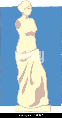 Immagine di Venus de milo in semplice illustrazione vettoriale di stile. Grecia biglietto di auguri design. Disegno a colori dei cartoni animati isolato su sfondo bianco. Grafica stilizzata. Illustrazione Vettoriale