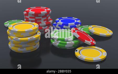 Pile di fiches 3d rendono l'illustrazione su uno sfondo nero Foto Stock