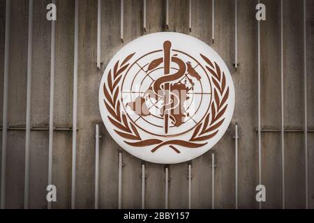 Logo dell'Organizzazione mondiale della sanità (OMS/OMS) presso LA sede CENTRALE DELL'OMS - Ginevra, Svizzera Foto Stock