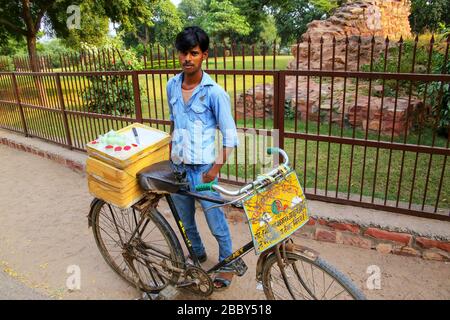 Giovane uomo vendita di dessert da una bicicletta all'esterno Jama Masjid in Fatehpur Sikri, Uttar Pradesh, India. La città è stata fondata nel 1569 dalla Empe Mughal Foto Stock