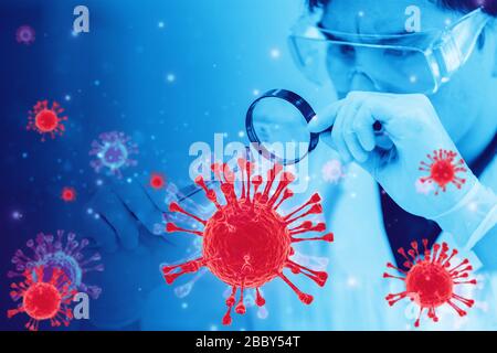 Il medico con Coronavirus 2019-nCoV Corona supera il virus. Sindrome respiratoria da virus epidemico. China Covid Sars Mers Virus concetto di studio. Foto Stock