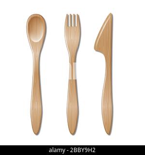 Cucchiaio, forchetta e coltello isolati su sfondo bianco. Set di posate in legno, cucchiaio, forchetta monouso e coltello. Illustrazione vettoriale. Illustrazione Vettoriale