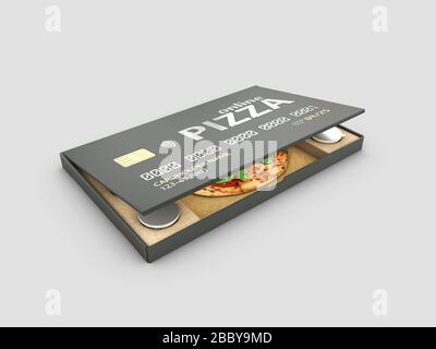 Rendering 3d della vendita di concept. Acquisto pizza, pagamento con carta di credito. Percorso clipping incluso. Foto Stock