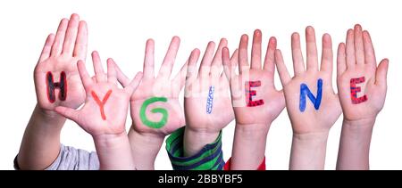 Kids Hands Holding Word Hygiene, sfondo isolato Foto Stock