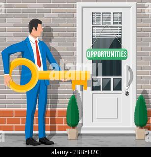Uomo d'affari che si trova davanti alla porta chiusa e che tiene la chiave grande. Soluzione, vincente, futuro, concetto di successo aziendale. Chiave per aprire le porte di grandi opportunità. Raggiungimento e obiettivo. Illustrazione del vettore piatto Illustrazione Vettoriale