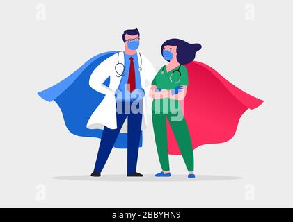 Super medico e infermiere indossando maschere mediche e capes, coppia supereroe, vettore cartone animato illustrazione Illustrazione Vettoriale