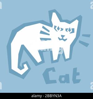 Design piatto Cat su sfondo blu. Animale domestico arrabbiato o spaventato. Illustrazione del vettore animale. Scheda interattiva per l'apprendimento dell'alfabeto. Icona bianca, spessa Illustrazione Vettoriale