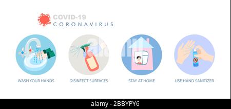 Set di icone per la prevenzione del coronavirus, raccolta di simboli motivazionali per quarantena covid-19, virus wuhan 2019-nCoV Illustrazione Vettoriale