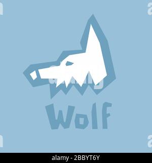 Icona del profilo della testa Wolf, taglio di carta. Brutale stile moderno. Silhouette astratta su un blu con testo. Scheda interattiva per imparare l'alfabeto inglese. Bianco Illustrazione Vettoriale