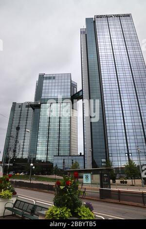 GOTEBORG, SVEZIA - 27 AGOSTO 2018: Gothia Towers nella città di Goteborg, Svezia. I grattacieli fanno parte del Centro Svedese per le Esposizioni e i Congressi Foto Stock