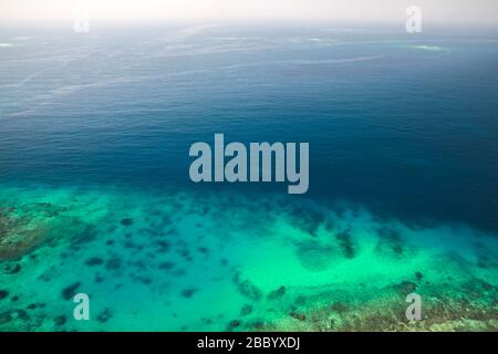 Il fondale roccioso del Golfo Persico è sotto l'acqua blu poco profonda. Foto naturale. Vista dall'alto Foto Stock