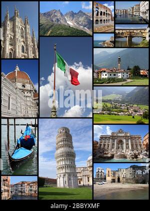 Attrazioni turistiche in Italia - collage fotografico di viaggio con Roma, Venezia, Firenze, Milano, Pisa, Sicilia e Alpi Italiane. Foto Stock