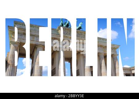 Berlino, Germania - nome della città parola con foto in background. Isolato su bianco. Foto Stock