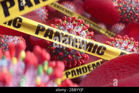 Concetto contagioso di rischio per la salute pubblica per la pandemia di coronavirus. Macro virus COVID-19 e cellule ematiche con nastri di pericolo pandemico. rendering 3d. Foto Stock