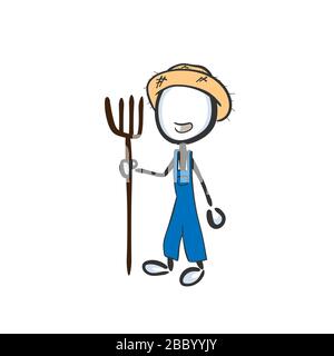 Buon contadino che indossa un cappello da fieno. Vita del villaggio. Disegnato a mano. Cartone animato Stickman. Schizzo barboncino, illustrazione grafica vettoriale Illustrazione Vettoriale
