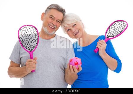Coppia senior su sfondo bianco Foto Stock