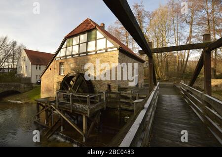19 gennaio 2019. Lemgo, Renania Settentrionale-Vestfalia, Germania. Storico mulino ad acqua Foto Stock