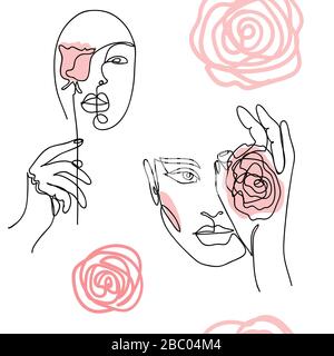 Ragazza, donna faccia, ritratto, testa con rose. Moderno modello vettoriale per avvolgimento, tessuto, tessuto Illustrazione Vettoriale