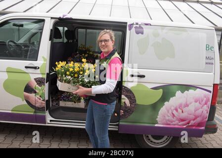 Il vivaio Berchtenbreiter di Obergiesing ha allestito un taxi fiorito per rifornire i propri clienti di fiori durante le restrizioni di uscita correlate alla corona. La foto mostra Alexandra Berchtenbreiter con una scatola primavera mix con ranunculus, primrose, dimmi-not e fiori bulbosi. [traduzione automatica] Foto Stock