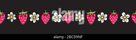 Colorato pennarello disegnato a mano fragole marcatore punta e Blooms Vector Seamless Pattern bordo Illustrazione Vettoriale