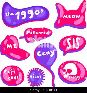 Icone colorate in uno stile viola fluorescente e rosa. Collezione di adesivi policromi vettoriali lucidi su sfondo bianco. Espressione fresca Illustrazione Vettoriale