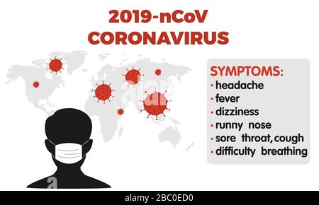 Elementi infografiche dei sintomi del coronavirus. Icone umane coronavirus sintomi. Infografiche mediche e sanitarie. Romanzo Coronavirus 2019, cov. Illustrazione Vettoriale