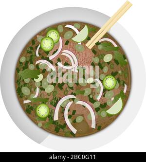 Una grande ciotola di Pho Bo, un piatto vietnamita con brodo, tagliatelle, manzo e verdure. Servito caldo con condimenti. Illustrazione Vettoriale