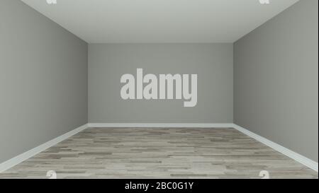 Parquet in legno vano vuoto con pareti dipinte e zoccolo bianco 3D rendering Foto Stock