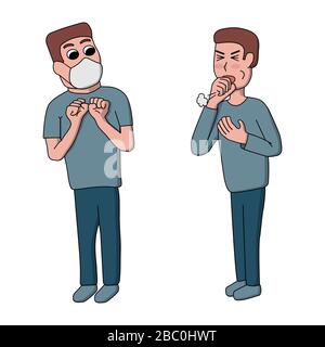 influenza, coronavirus. due personaggi di cartone animato maschile, un infermiere, uno tosse e l'altro in una maschera medica. illustrazione vettoriale Illustrazione Vettoriale