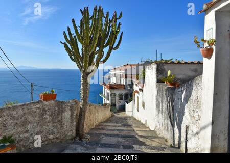 Una strada stretta tra le case di Raito, un villaggio sulla costiera amalfitana in Italia Foto Stock