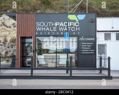 L'azienda Southern Pacific Whale Watch costruisce e prenota un ufficio a Kaikoura Nuova Zelanda. Foto Stock