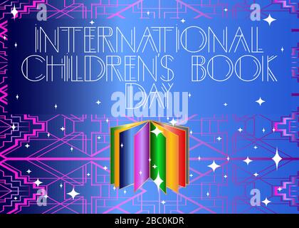 Art Deco International Children's Book Day (2 aprile) testo. Biglietto d'auguri decorativo, segno con lettere vintage. Illustrazione Vettoriale