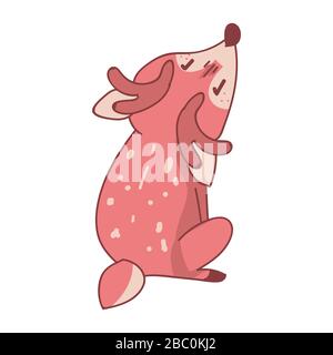 Rosa kawaii cartone animato seduto cervo animale illustrazione. Cute femmina doe con fiore corona. Stile disegnato a mano da bambino. Per il baby vivaio decorazione, bambini boho Illustrazione Vettoriale