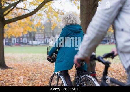 Donna anziana in bicicletta tra le foglie autunnali nel parco Foto Stock