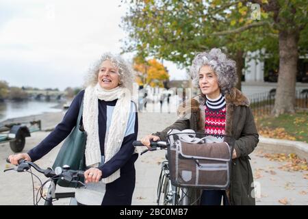 Donne anziane attive amici a piedi biciclette in autunno parco Foto Stock