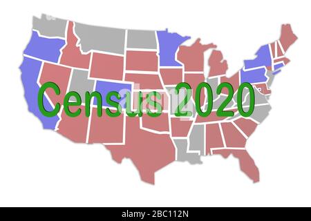 Figura di concetto di segno di concetto di Census 2020 sulla mappa degli Stati Uniti Foto Stock