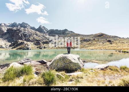 Vista posteriore di un giovane uomo su una roccia che guarda su un lago di montagna limpido Foto Stock