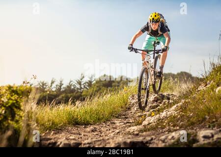 Donna in mountain bike a cavallo giù sentiero di fronte al cielo blu, Santa Cruz, California, Stati Uniti Foto Stock