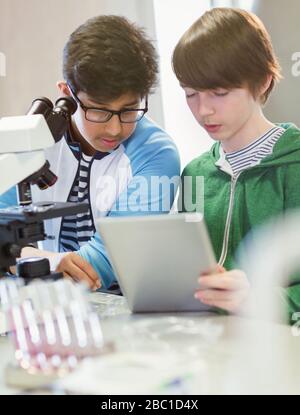 Studenti ragazzi concentrati utilizzando tablet e microscopio digitali, conducendo esperimenti scientifici in classe di laboratorio Foto Stock