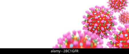 Focolaio di coronavirus e coronavirus influenza su sfondo bianco con spazio di copia. Vista microscopica di Coronavirus. rendering 3d. Foto Stock
