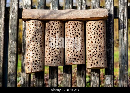 Hotel di ape costruito in modo autonomo su una recinzione di legno Foto Stock
