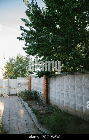 cortile nel villaggio. Piastrella, flowerbed gate. Foto Stock