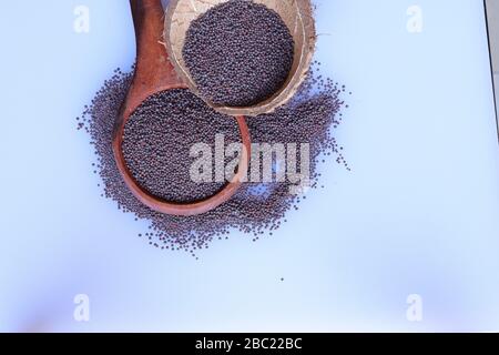 seme ammuffito in ciotola e cucchiaio isolato su sfondo bianco Foto Stock