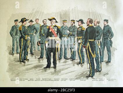 Illustrazione raffigurante le diverse uniformi della marina francese alla fine del 19th secolo da P. Kauffmann. Foto Stock