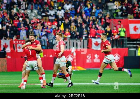 Vancouver, Canada. 8th marzo 2020. Il Canada festeggia dopo aver sconfitto il Sudafrica per vincere il bronzo durante il giorno 2 - 2020 HSBC World Rugby Sevens Series a Foto Stock