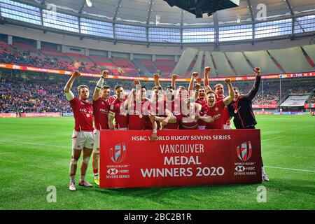 Vancouver, Canada. 8th marzo 2020. Il Canada festeggia dopo aver sconfitto il Sudafrica per vincere il bronzo durante il giorno 2 - 2020 HSBC World Rugby Sevens Series a Foto Stock