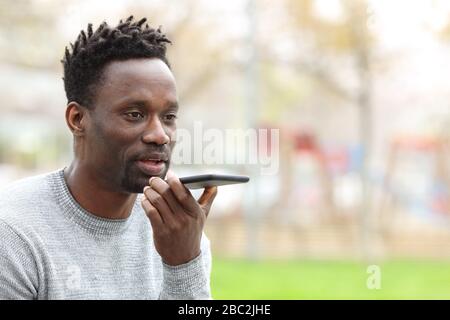 Ritratto di un uomo nero utilizzando il sistema di riconoscimento vocale sullo smartphone nel parco Foto Stock