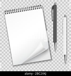 Notebook a spirale verticale bianco pulito con fogli arricciati e penne a sfera automatiche. Illustrazione Vettoriale